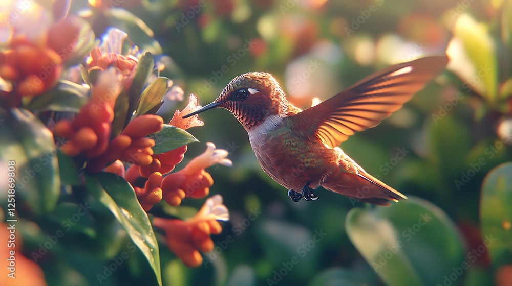 Obraz premium A swift flying hummingbird against blurred green background