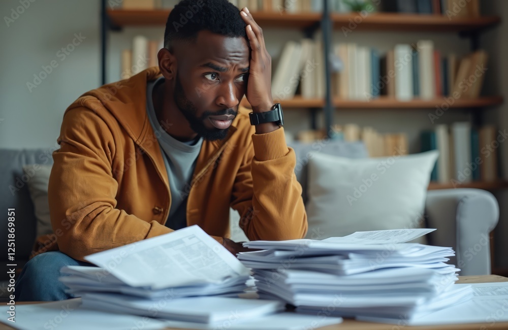 Obraz premium Worried black man with pile of bills tax papers looks confused, stressed. In debt, behind on taxes. Financial crisis, economic problem. Man calculates expenses, payments, account, family budget.
