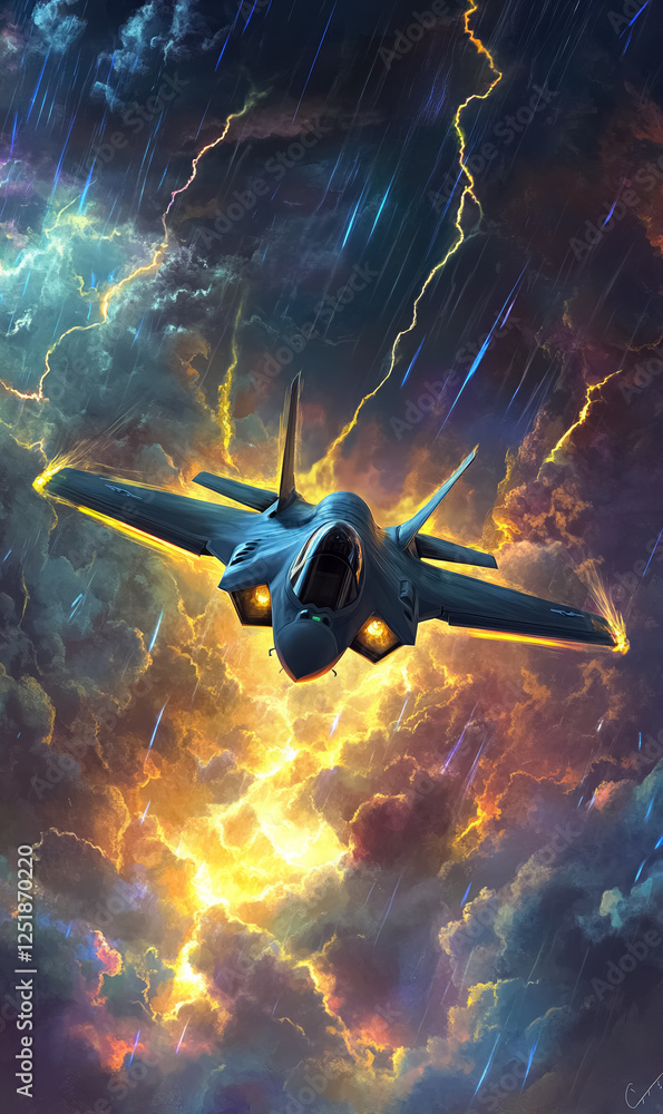 Fototapeta premium modern advanced F-35 fighter jet on patrol mission flying over storm clouds and thunder