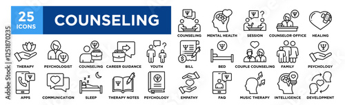 Counseling icon collection set. Containing design, Counseling, Mental Health Care, Therapy Session, Counselor Office, Emotional Healing