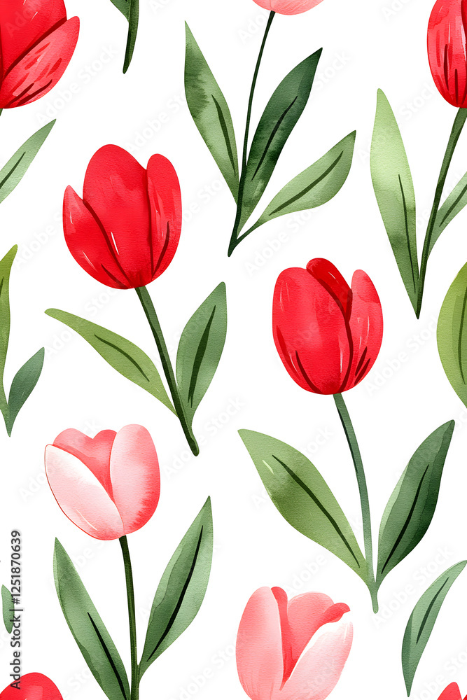 Obraz premium Watercolor seamless pattern of cute minimalistic tulips. Red and green colors isolated on white backdrop