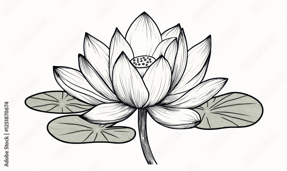 Fototapeta premium Intricate Lotus Lily Water Flower in Vintage Woodcut Engraved Etching Vector Art