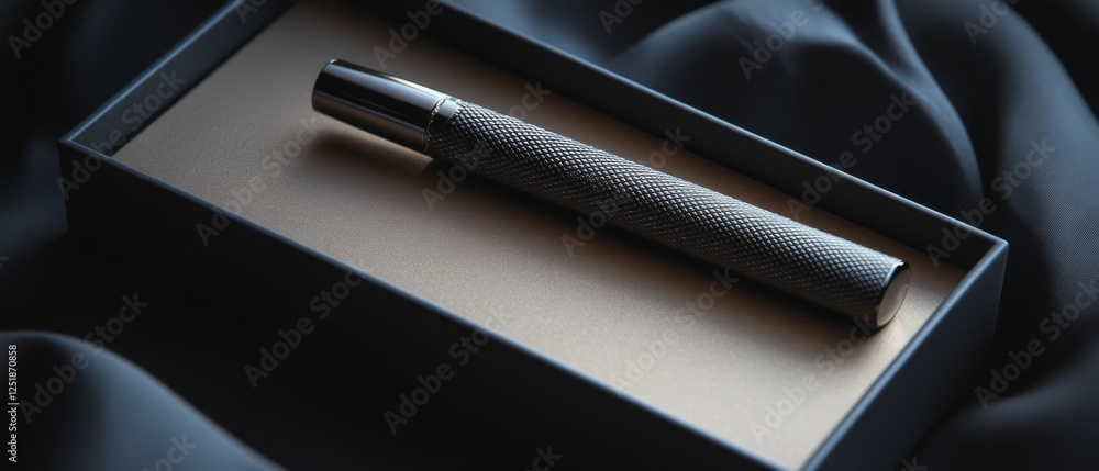 Luxurious pen in sleek box on soft fabric, showcasing elegance and style. Luxurious pen in sleek box on soft fabric, showcasing elegance and style.