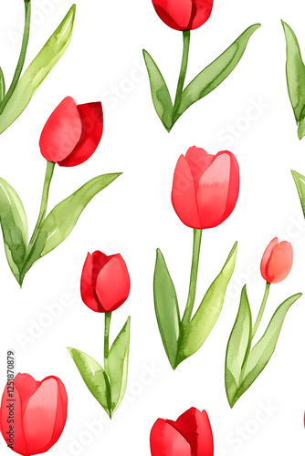 Wallpaper Mural Watercolor seamless pattern of cute minimalistic tulips. Red and green colors isolated on white backdrop Torontodigital.ca