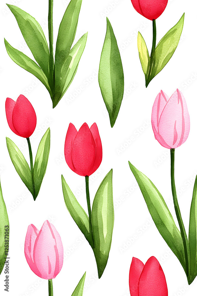 Obraz premium Watercolor seamless pattern of cute minimalistic tulips. Red and green colors isolated on white backdrop