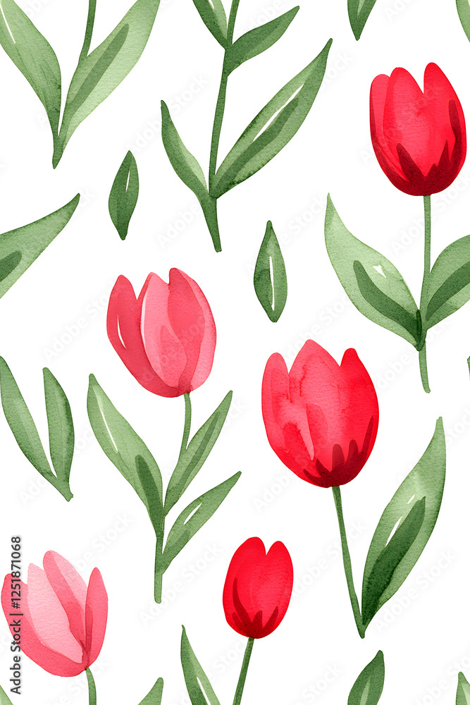 Obraz premium Watercolor seamless pattern of cute minimalistic tulips. Red and green colors isolated on white backdrop
