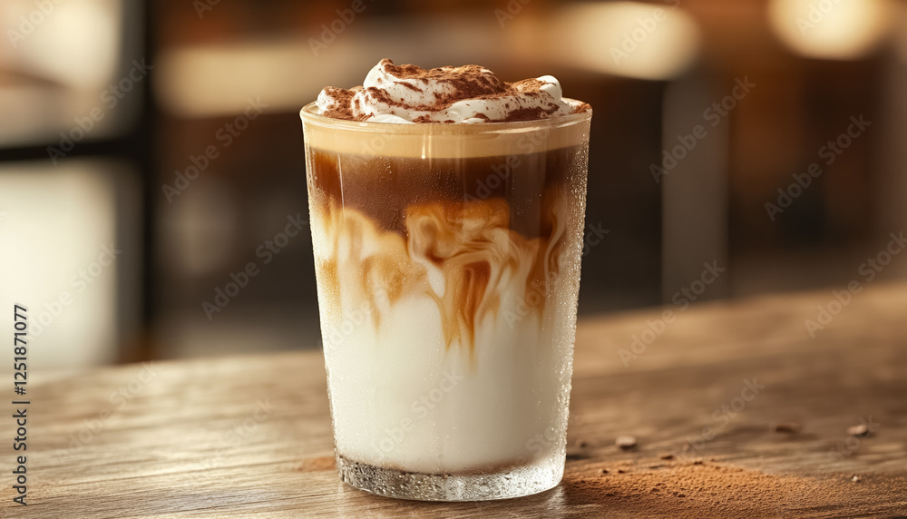 Creamy iced coffee drink served in a clear glass highlighting layers and toppings in a cozy cafe setting Creamy iced coffee drink served in a clear glass highlighting layers and toppings in a cozy cafe setting