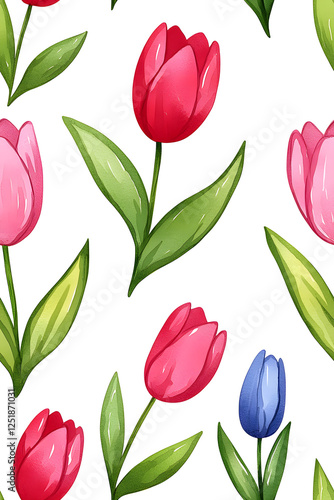 Wallpaper Mural Watercolor seamless pattern of cute minimalistic tulips. Red and green colors isolated on white backdrop Torontodigital.ca