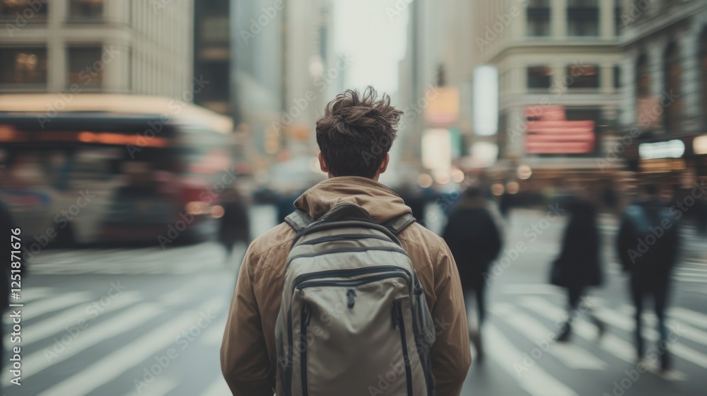 Fototapeta premium Young man with backpack walking through busy city street, blurred pedestrians and traffic