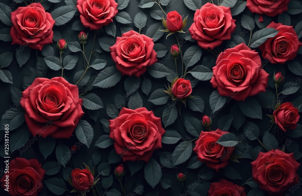 Seamless pattern with red roses on dark background. Moody wild rose bush creates captivating wallpaper. Floral design with vintage flower decor. Illustration ideal for fabric, decoration, ornament, Seamless pattern with red roses on dark background. Moody wild rose bush creates captivating wallpaper. Floral design with vintage flower decor. Illustration ideal for fabric, decoration, ornament,