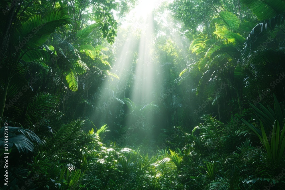 Enchanting Jungle Bathed in Sunlight, Lush Greenery Captured in Nature's Glow, Peaceful Oasis of Wildlife and Foliage Enchanting Jungle Bathed in Sunlight, Lush Greenery Captured in Nature's Glow, Peaceful Oasis of Wildlife and Foliage