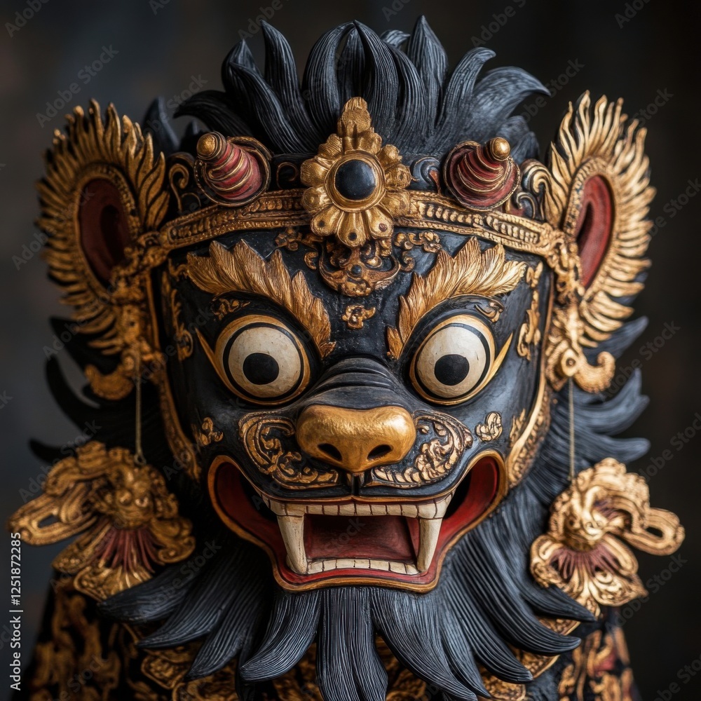 Fototapeta premium Intricate Wooden Lion Sculpture with Vibrant Colors and Details