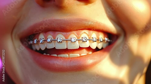 Close-up of smiling teen with braces under soft sunlight. The concept of dentistry, dental treatment. Orthodontics, prosthetics