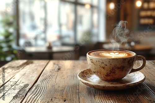 Wooden tabletop with a steaming cup coffee in focus, set against a blurred cafe window scene