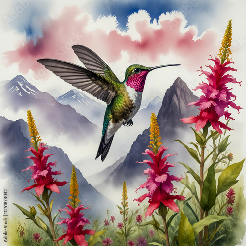 Watercolor illustration of a Sword-billed Hummingbird in a high-altitude Andean mountain meadow, photo