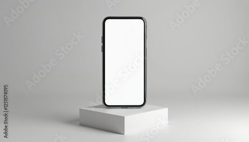 Mockup floating mobile phone features blank white screen standing on podium. Modern smartphone template for app presentation  web design and product display on clean background.