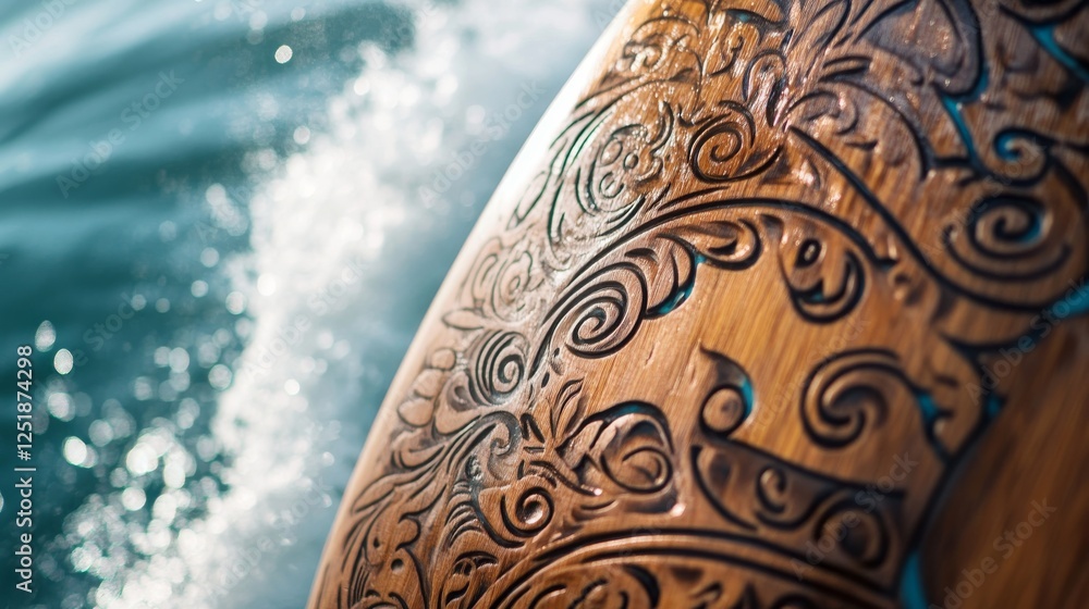 Intricate wooden surfboard design with ocean waves splashing Intricate wooden surfboard design with ocean waves splashing
