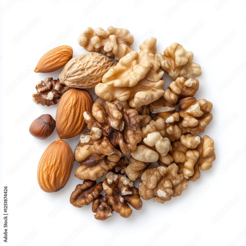 Top view of Nuts, isolated on white, photorealistic food Top view of Nuts, isolated on white, photorealistic food