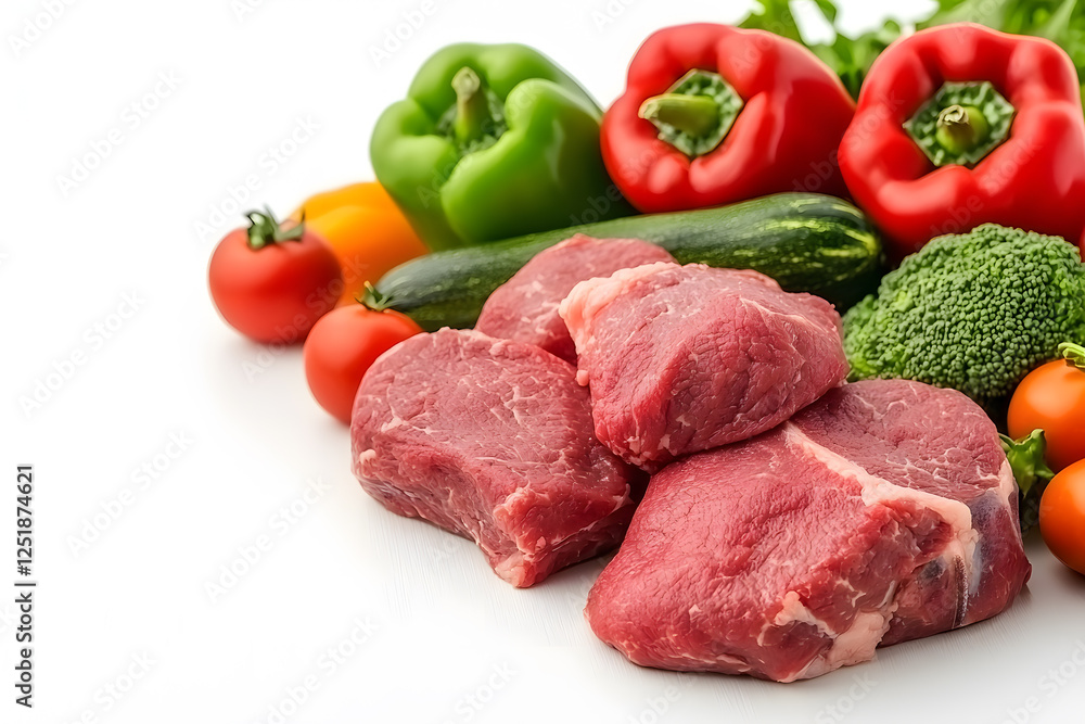 Fresh raw meat with vegetables isolated on white background Fresh raw meat with vegetables isolated on white background