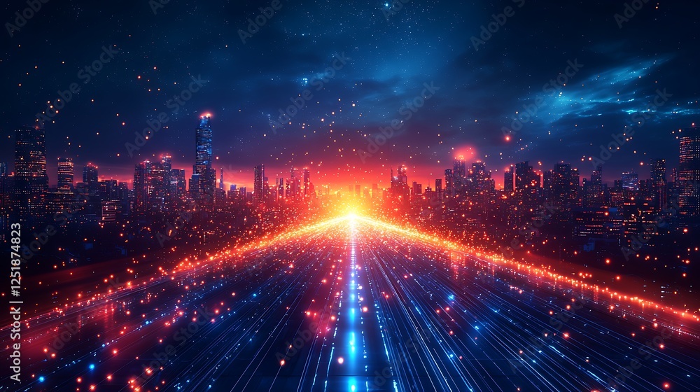 Abstract glowing light trails in vibrant hues, symbolizing rapid data transfer across a futuristic networked cityscape Abstract glowing light trails in vibrant hues, symbolizing rapid data transfer across a futuristic networked cityscape