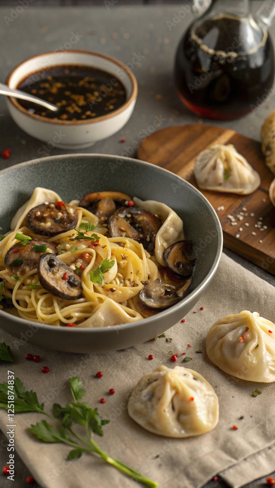 pasta with mushrooms,Delicious dumplings with soy sauce splashes, cut out, cuisine chicken and vegetable stir fried, pasta with mushrooms,Delicious dumplings with soy sauce splashes, cut out, cuisine chicken and vegetable stir fried,