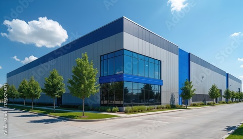 Wallpaper Mural Exterior of modern industrial building with blue accents under bright sky. Minimalist design, glass, metal facades, commercial office workspace. Real estate property development, construction, Torontodigital.ca