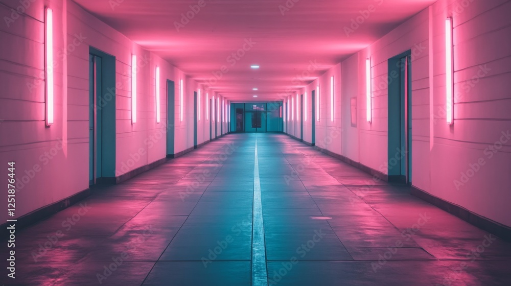 A vibrant neon-lit corridor with pink lights creating a futuristic atmosphere A vibrant neon-lit corridor with pink lights creating a futuristic atmosphere