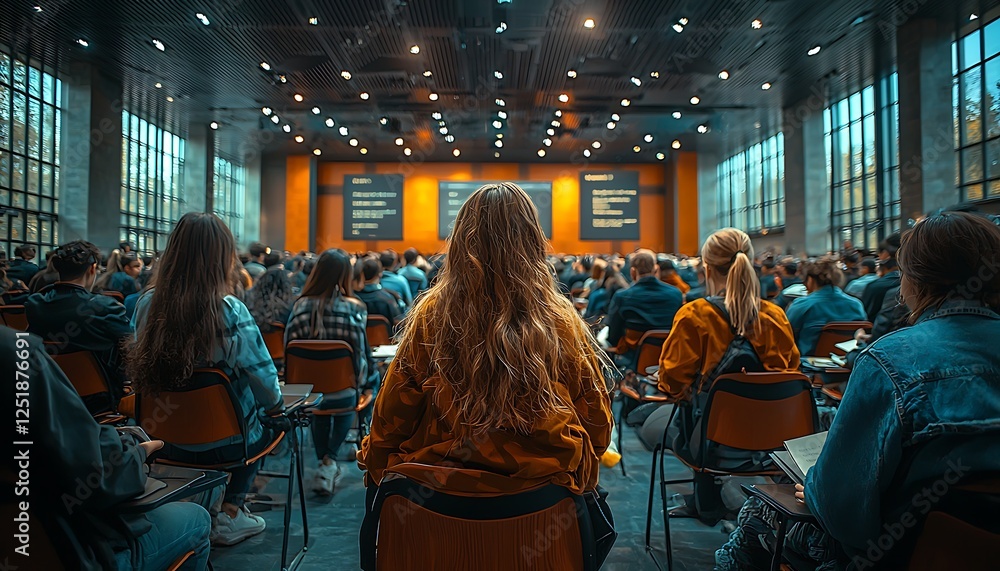 Naklejka premium Audience engaged at a professional conference or event in a well-lit modern space