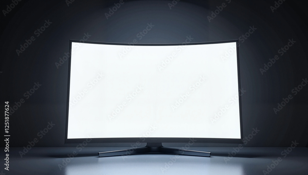 Sleek curved TV displaying a blank screen in dark room, modern design