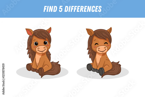 Find 5 differences between two pictures of cute cartoon horse isolated on white background. Funny animal in flat style. Activity page. Vector