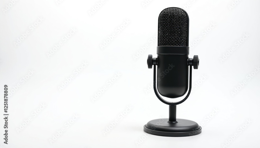 Modern black mic stands against plain backdrop. It is used in podcasting radio broadcasting. This microphone is a recording equipment for professional digital audio stream voice. Modern black mic stands against plain backdrop. It is used in podcasting radio broadcasting. This microphone is a recording equipment for professional digital audio stream voice.