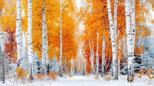 Snowy autumn birch forest path, winter wonderland scene, nature background, peaceful landscape