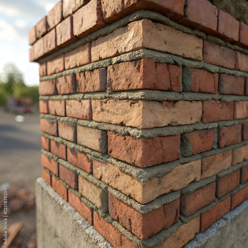 Fototapeta premium Close-up view of a brick corner construction showing detailed masonry work and texture 