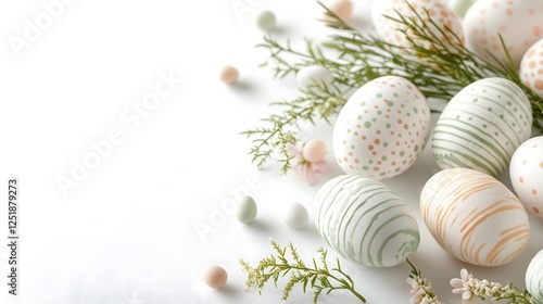 Frame with white and blue easter eggs and gypsophila flowers on beige background. Happy Easter concept. Simple spring template, greeting card, banner. Top view, flat lay with copy space