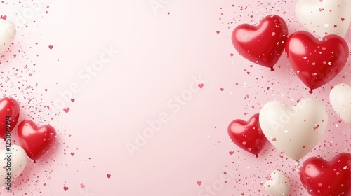 Elegant Valentine's Day background featuring red and white heart-shaped balloons with scattered confetti on a light pink gradient. Perfect for romantic and festive designs