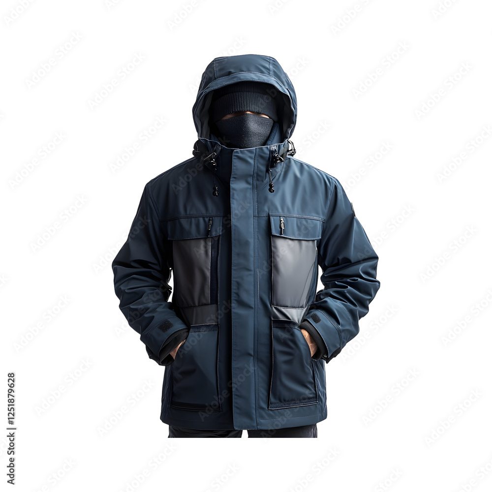 Man in Blue Waterproof Winter Jacket with Detachable Hood Isolated on Transparent Background Man in Blue Waterproof Winter Jacket with Detachable Hood Isolated on Transparent Background