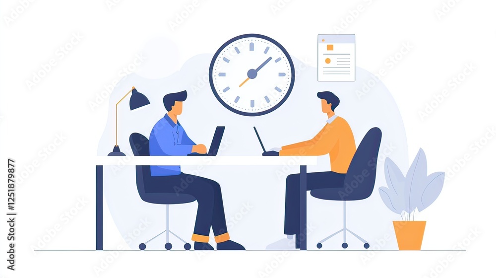 A mentor helping a mentee with time management and productivity strategies in a modern office setting. A mentor helping a mentee with time management and productivity strategies in a modern office setting.