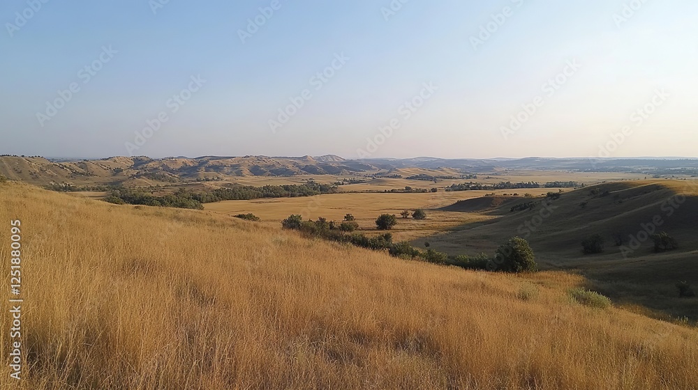 Fototapeta premium Golden fields of nature rolling hills landscape sunny afternoon tranquil environment wide-angle view serenity concept