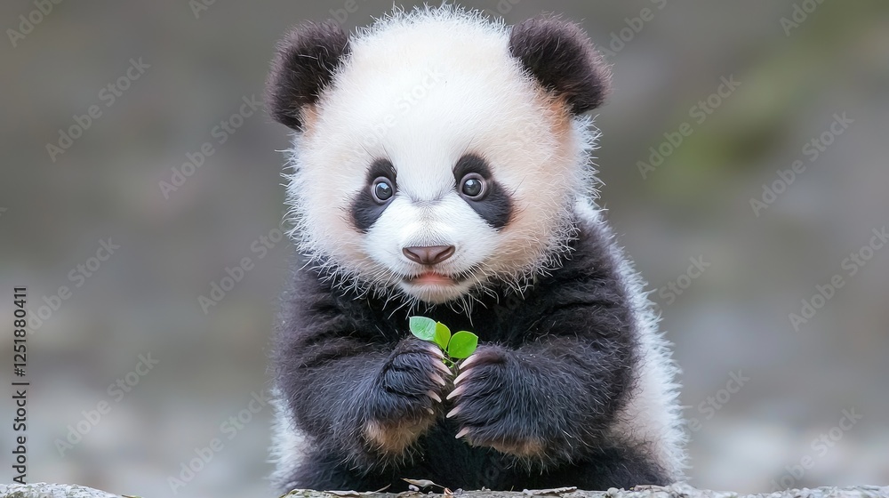 Naklejka premium Cute baby panda holding leaf, forest background, wildlife
