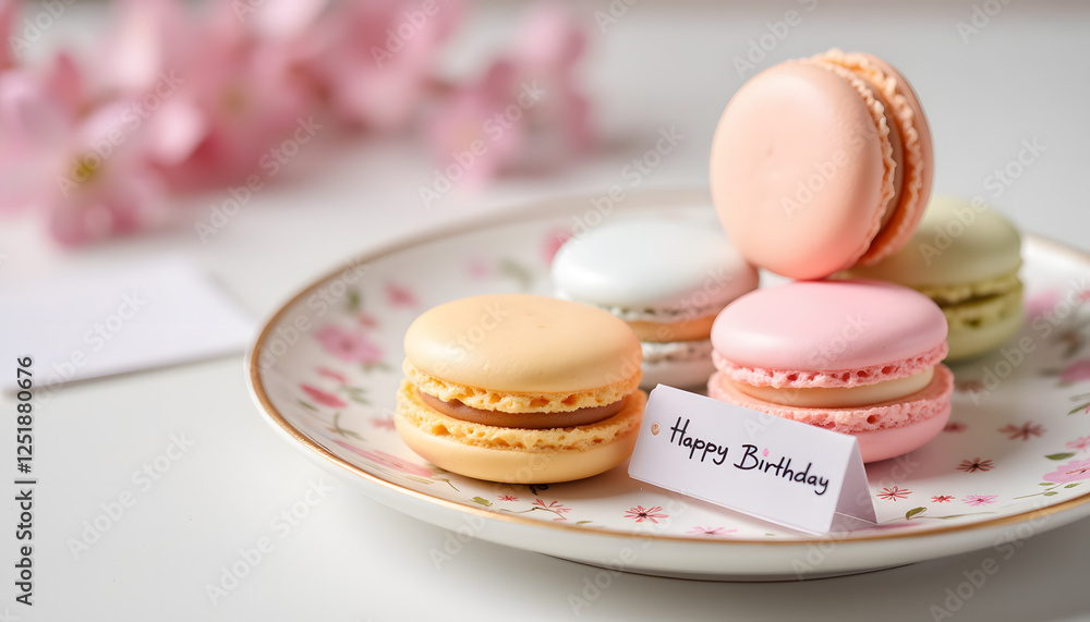 Obraz premium Colorful macarons on plate with birthday card and flowers
