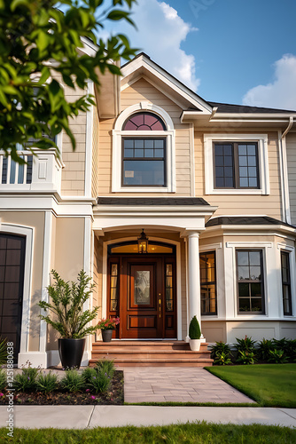 Wallpaper Mural Luxury Home Exterior: Modern Architectural Design, Landscaping, and Classic Elegance.  A dream home with a beautiful facade, entrance, and garden. Torontodigital.ca