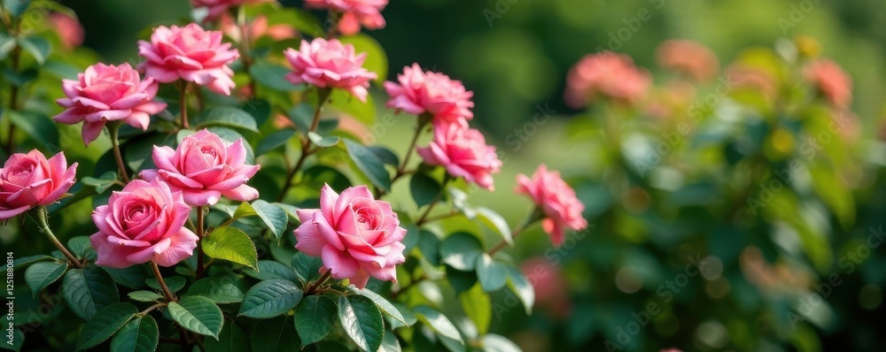 Pink rose bushes with lush green foliage and blooms, nature, plants Pink rose bushes with lush green foliage and blooms, nature, plants