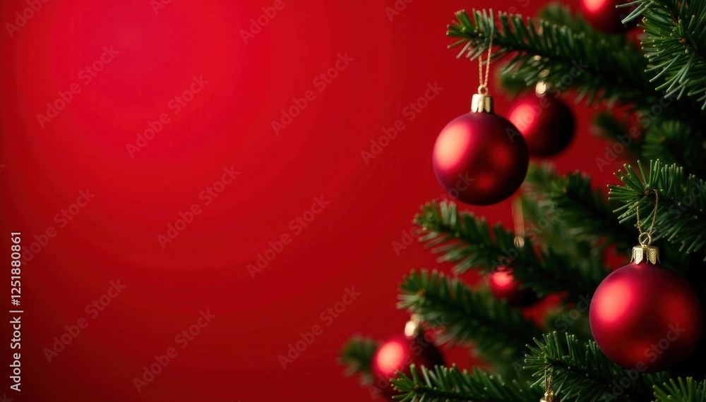 Red balls and ornaments on a Christmas tree in a bright red background, balls, ornaments, background Red balls and ornaments on a Christmas tree in a bright red background, balls, ornaments, background