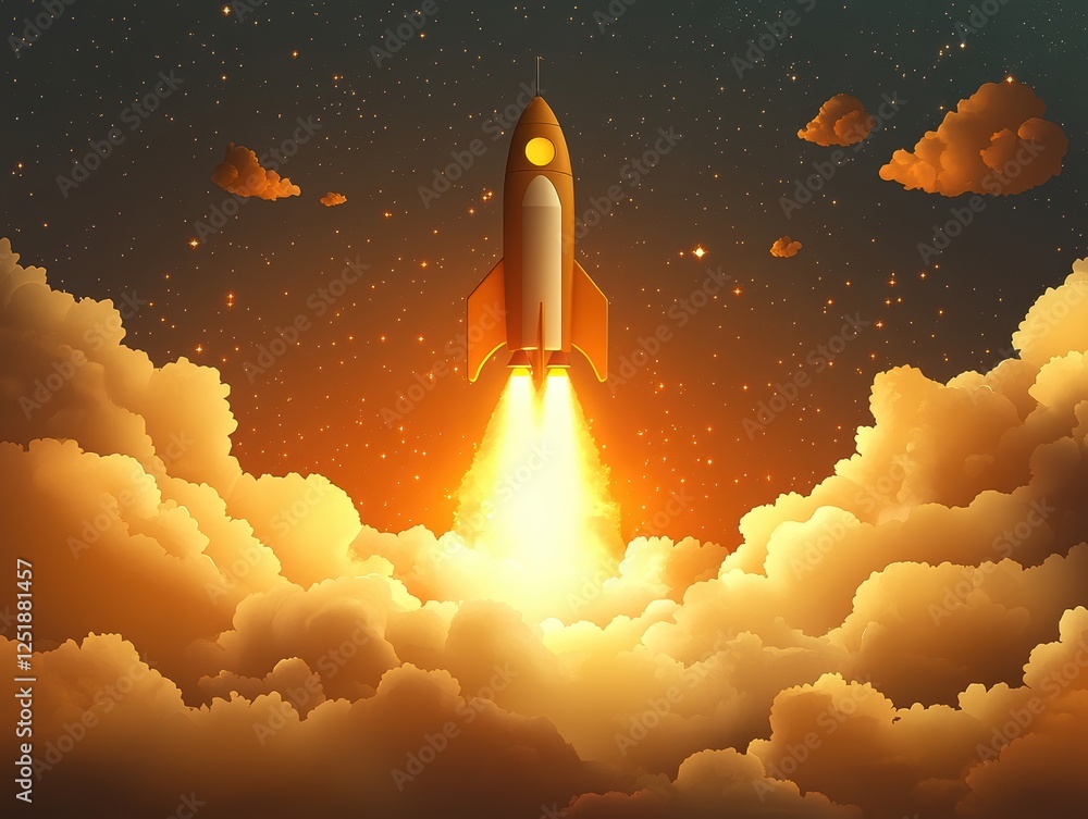 Naklejka premium A rocket launches into a starry sky, surrounded by vibrant clouds.