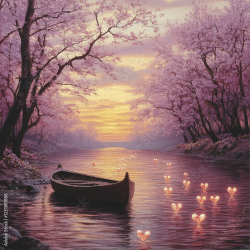 Tranquil Cherry Blossom Stream with Heart Lights and Wooden Boat at Sunset – Serene Nature Vector Art for Romantic, Peaceful, and Dreamy Wall Decor