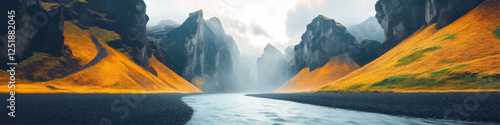Stunning Vector Image of Majestic Mountainous Landscape with Lush Golden Hills and Serene River Flowing through Dramatic Valley Under Cloudy Sky