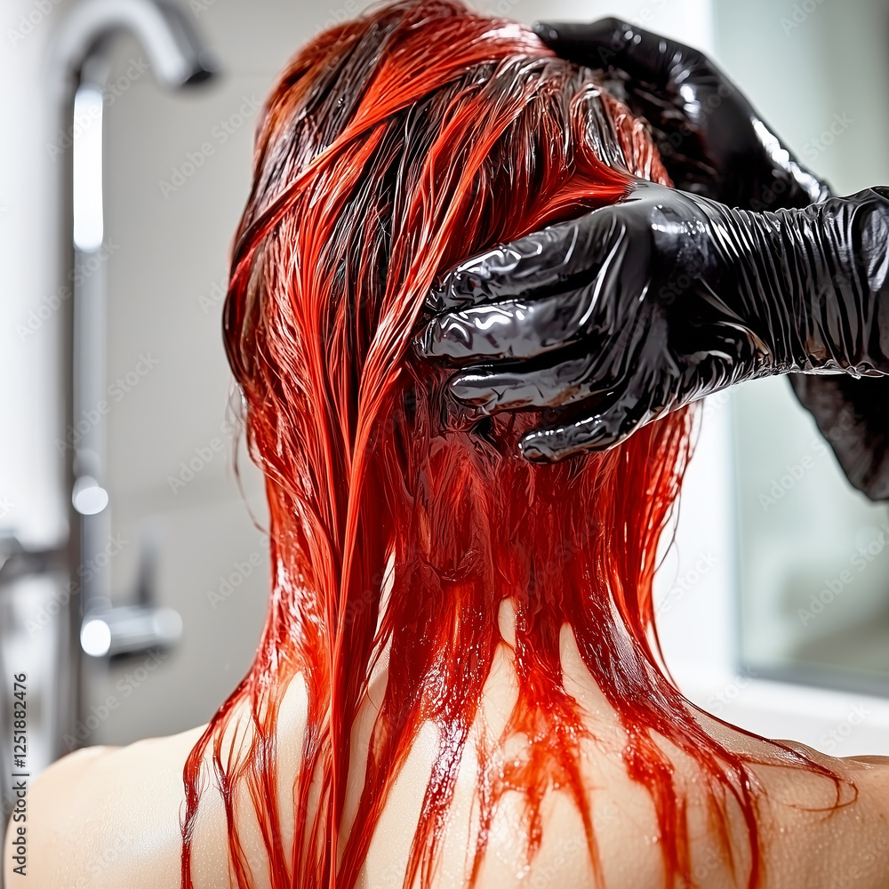 Naklejka premium Red hair dye massage with gloved hands in salon