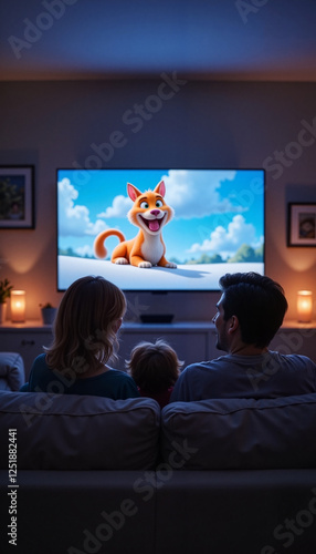 Tv Mockup With Family Watching Animated Show on Couch