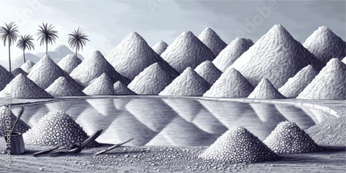 Stunning Vector Art of Serene Pyramid Hills and Reflective Pond with Majestic Palm Trees and Industrial Tools for Salt Production Scene in Monochrome Tones