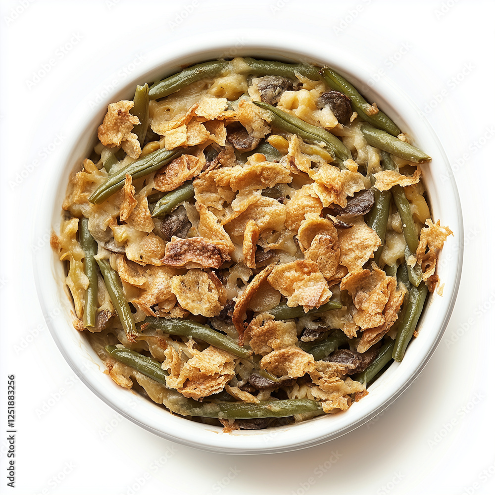 Top down view of Green bean casserole, isolated on white, food setting Top down view of Green bean casserole, isolated on white, food setting